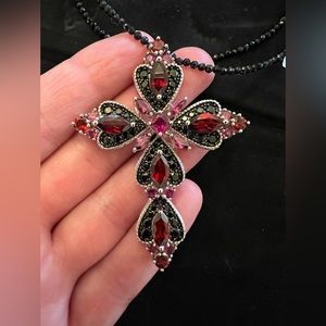 Black Spinel Gemstone Beaded Necklace with Gemstone Cross